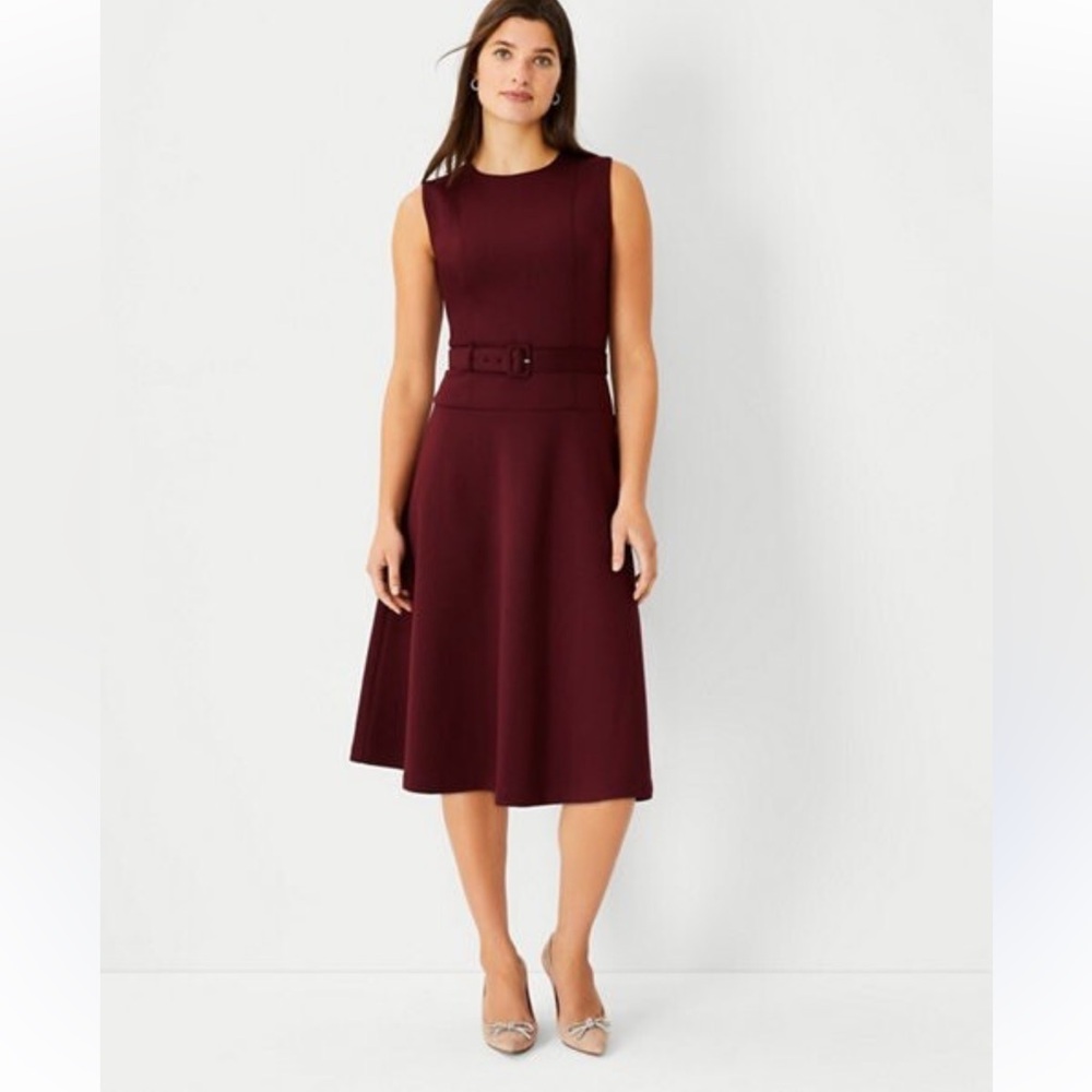 Ann Taylor Sleeveless Belted Flare Dress Bold Bordeaux Burgundy Ponte Size 12